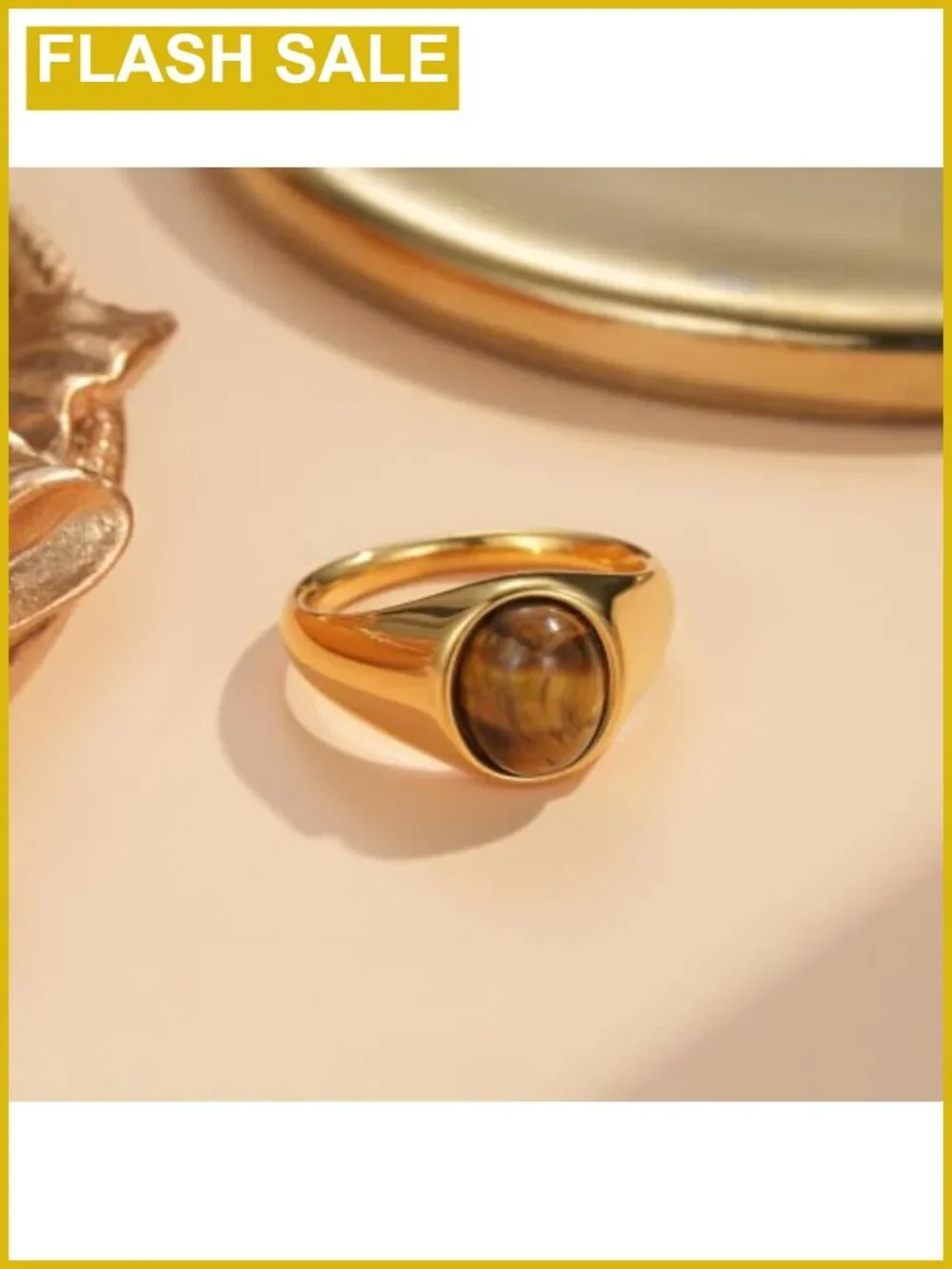 18K Gold Plated Stainless Steel Signet Ring Women Non Tarnish Gemstone